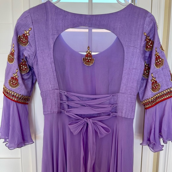 Pure georgette & rawsilk Indian designer LONG GOWN with Kundan work & long ghera - Picture 2 of 12